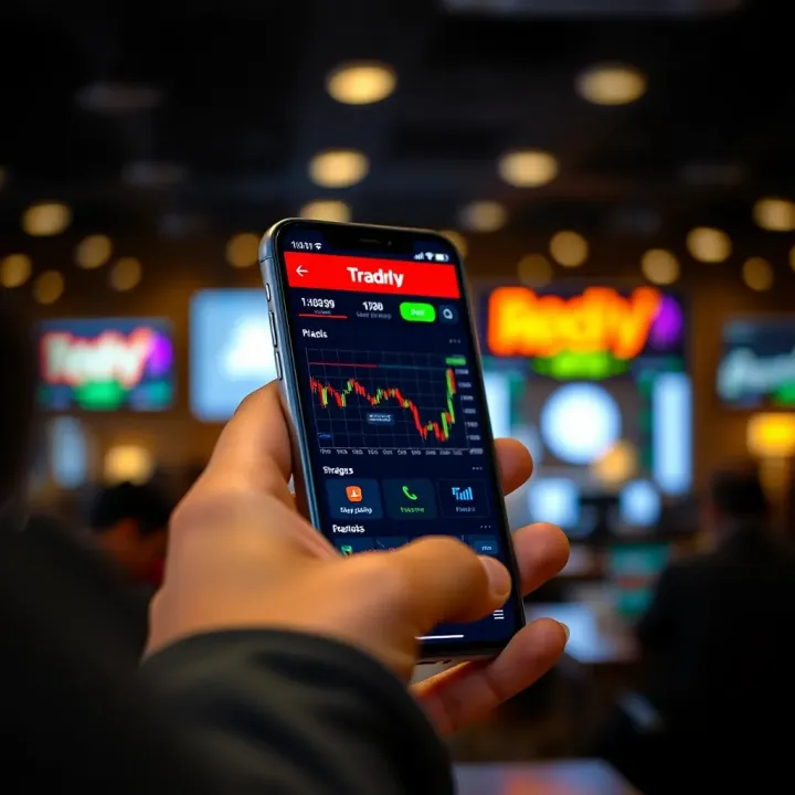 Mobile device displaying Deriv.com app interface with trading charts and options