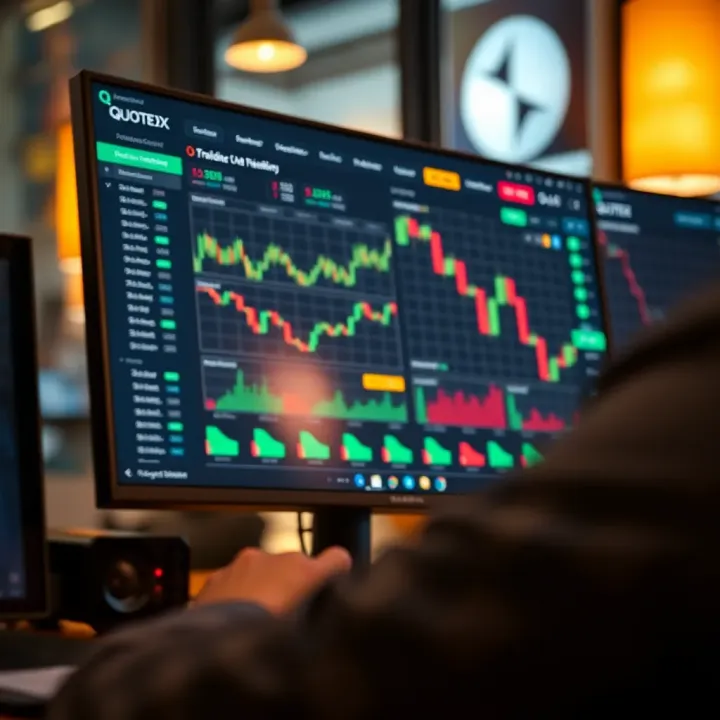 Illustration showing the user interface of a trading platform with various charts and options visible