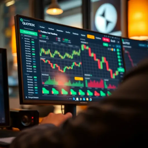 Quotex Trading Platform Interface Overview Illustration showing the user interface of a trading platform with various charts and options visible