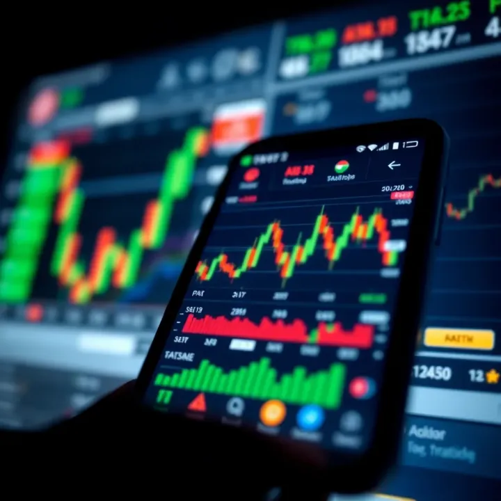 Trading Platform Interface Highlighting Market Trends Mobile device displaying a trading app interface with graphs and charts representing stock market trends in Pakistan