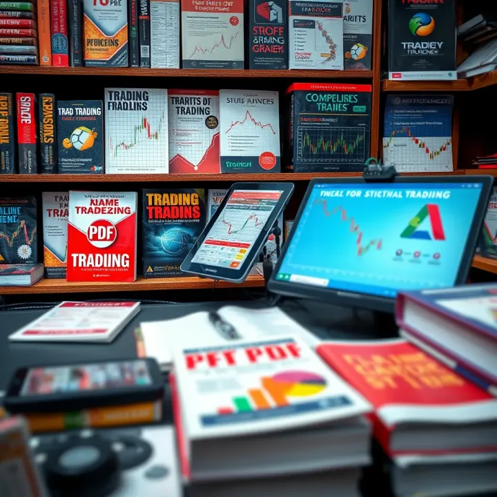 Collection of trading books and digital devices showcasing various trading strategies and tools