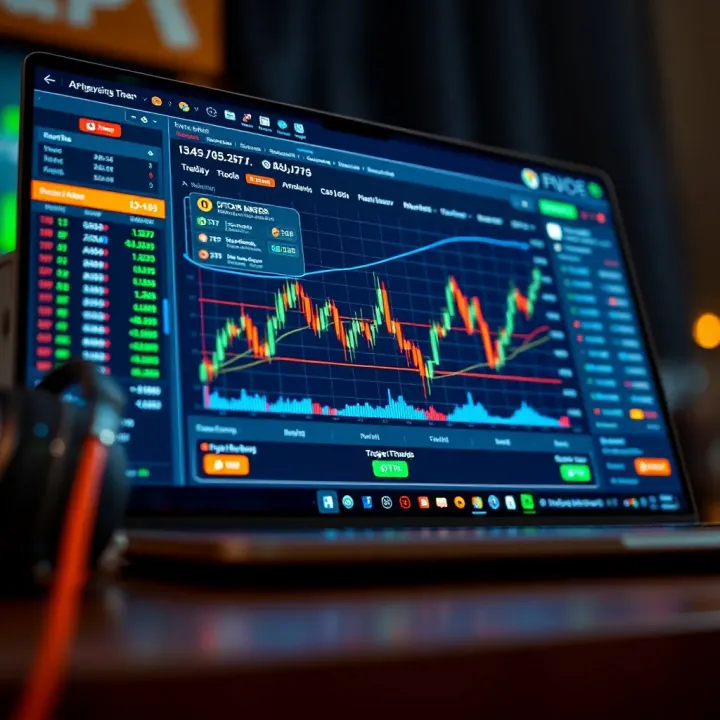 A laptop displaying a cryptocurrency trading platform with graphs and trading options