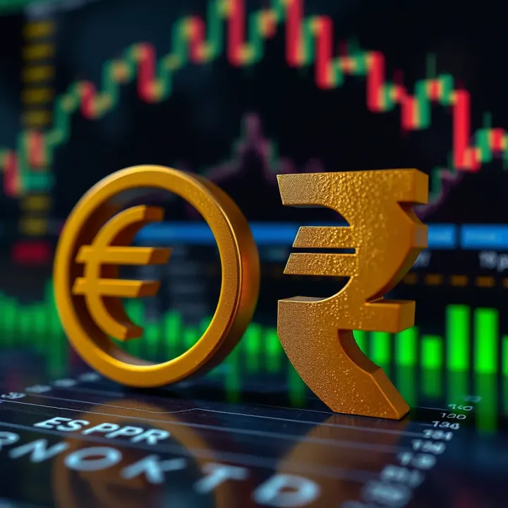 Market Analysis of Euro and Pakistani Rupee Exchange Dynamics Illustration of currency symbols of Euro and Pakistani Rupee with market analytics background