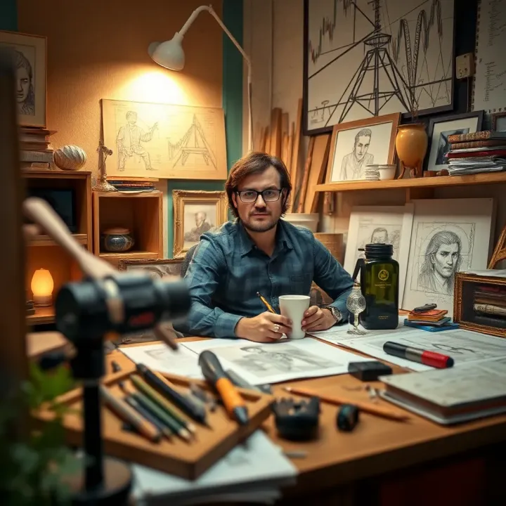 Creative Environment Symbolizing Da Vinci Jeremie's Professional Journey Artistic workspace featuring sketches and tools representing Da Vinci Jeremie's innovative career