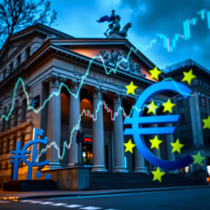 European Central Bank building with financial charts overlay