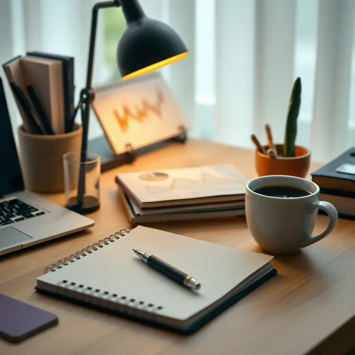 Calm workspace with a notebook, pen, and a cup of coffee to enhance concentration