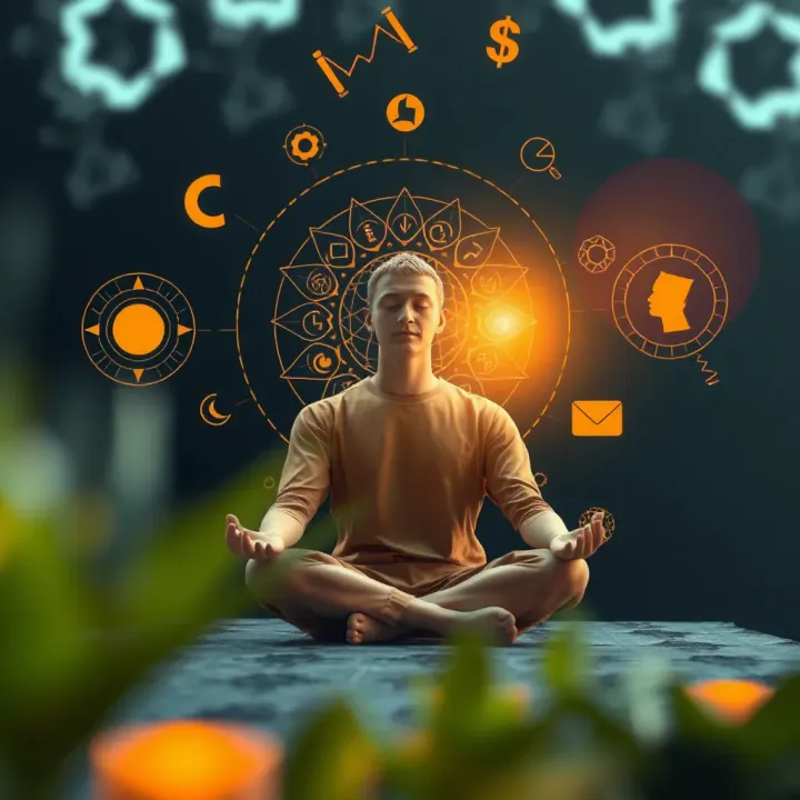 Illustration of a person meditating with abstract symbols representing focus and mental clarity