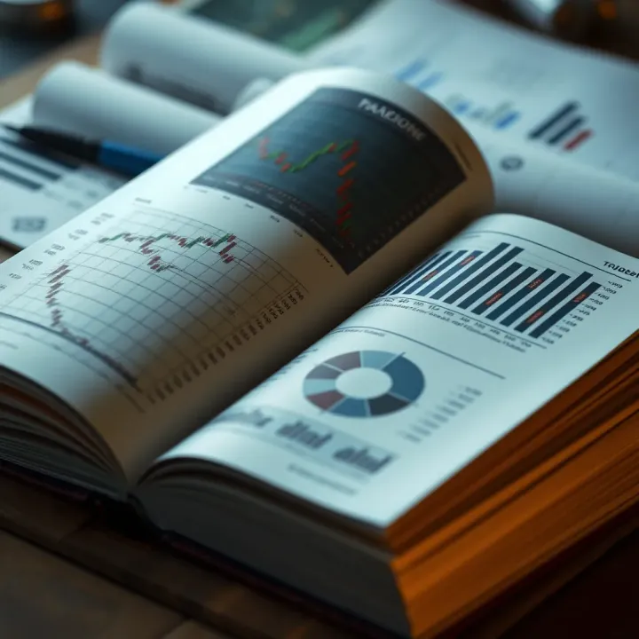 Trading Books Offering Deep Insights into Financial Markets An open book with financial charts and trading graphs on its pages symbolizing trading knowledge