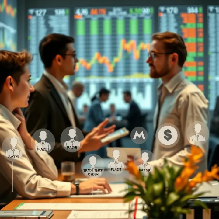 Overview of Market Participants and Common Trading Terminology Illustration of various financial market participants interacting with order types and trading jargon icons