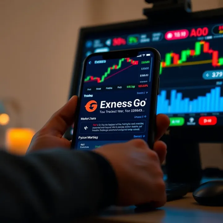 Mobile device displaying Exness Go trading app interface with market charts and trading options