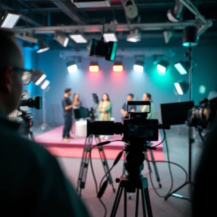Modern Pashto film set with advanced filming equipment and vibrant lighting