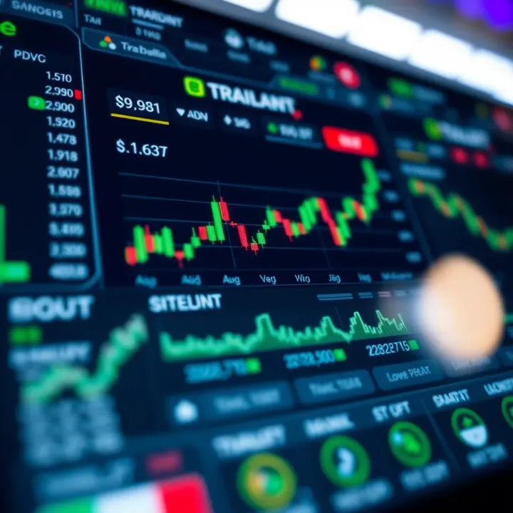 Mobile Trading App Interface with Market Charts and Virtual Balances User interface of a mobile trading application showing stock market charts and virtual currency balances