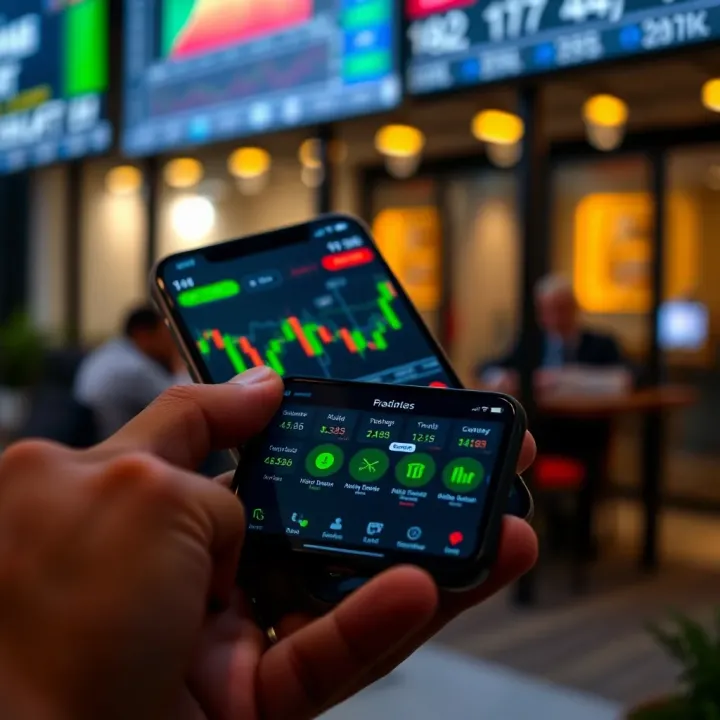Smartphone screen displaying a user-friendly trading app interface with charts and trading options