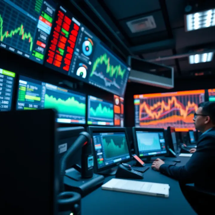 Digital control room with monitors displaying energy grid data and analytics