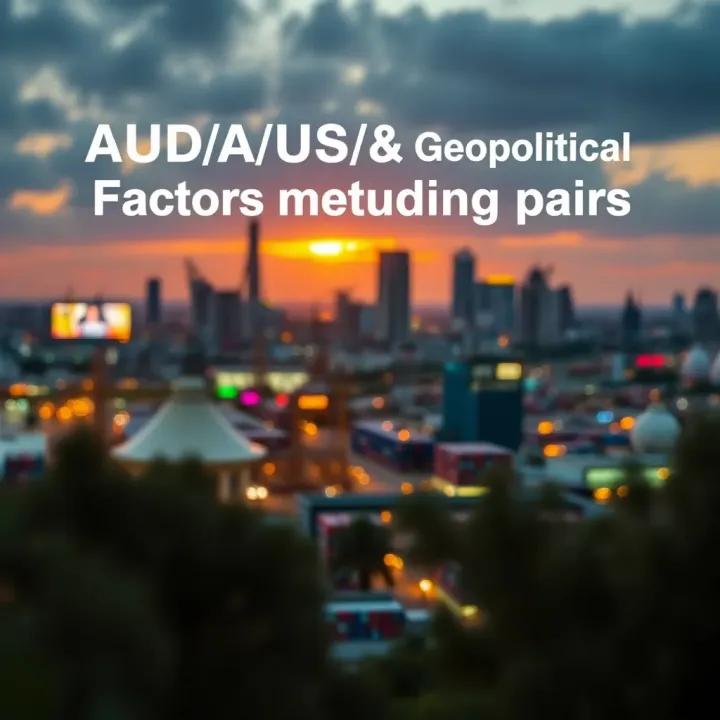 Visual representation of global factors including commodity prices and geopolitical events impacting AUD/USD currency pair