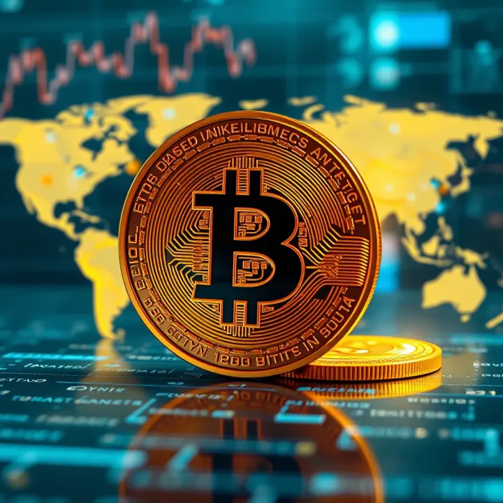 Global Influences on Bitcoin Price Movements Visual representation of global factors affecting cryptocurrency markets with Bitcoin icon and world map