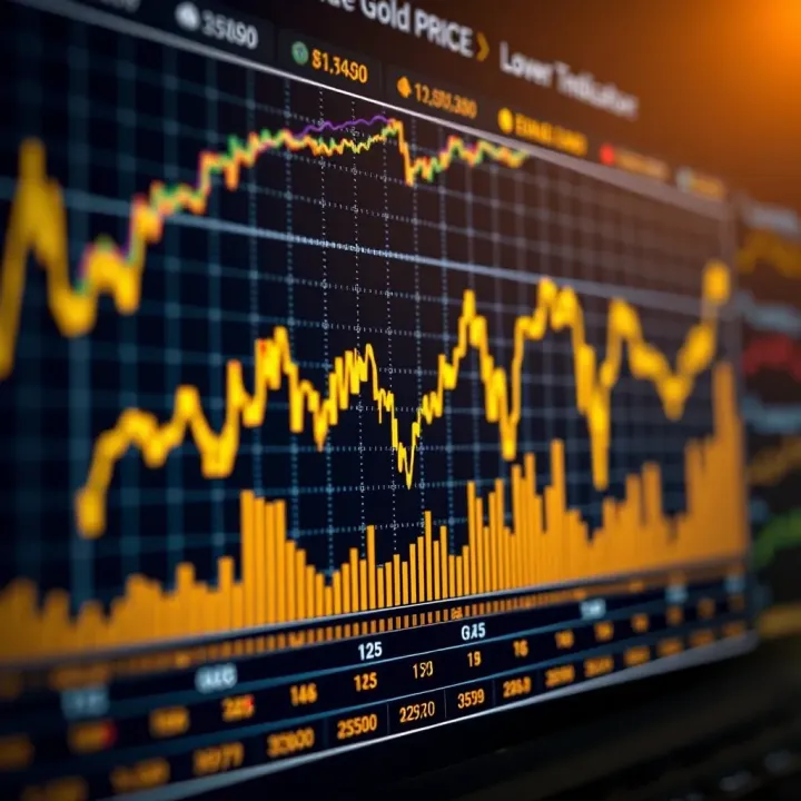 Graph showing fluctuating gold price trends over time with market indicators