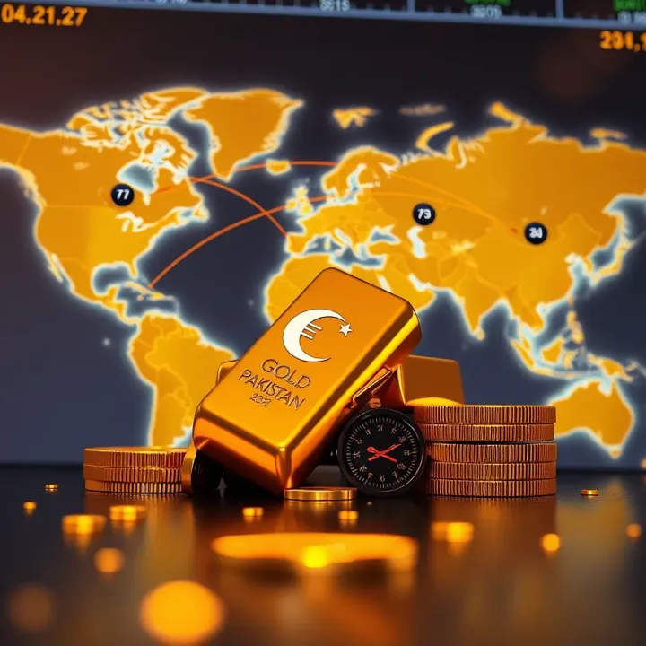 Illustration of gold bars with a background map highlighting international market connections affecting Pakistan's gold rates