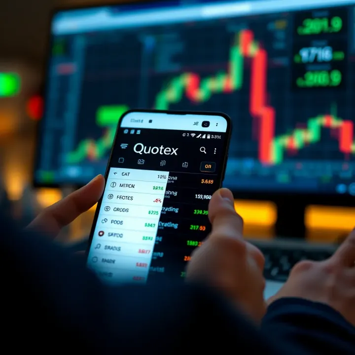 Mobile phone displaying Quotex app interface with trading charts and options visible