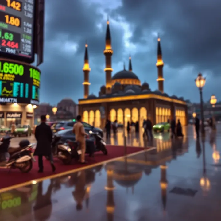 Halal Trading Practices within Islamic Guidelines in Pakistan Illustration of trading market with mosques and Islamic symbols reflecting halal trading environment in Pakistan