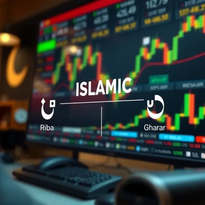 Conceptual illustration of Islamic finance principles including riba and gharar with a forex trading background