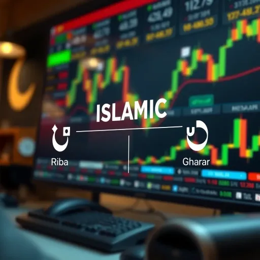Islamic Finance Concepts in Forex Trading Conceptual illustration of Islamic finance principles including riba and gharar with a forex trading background