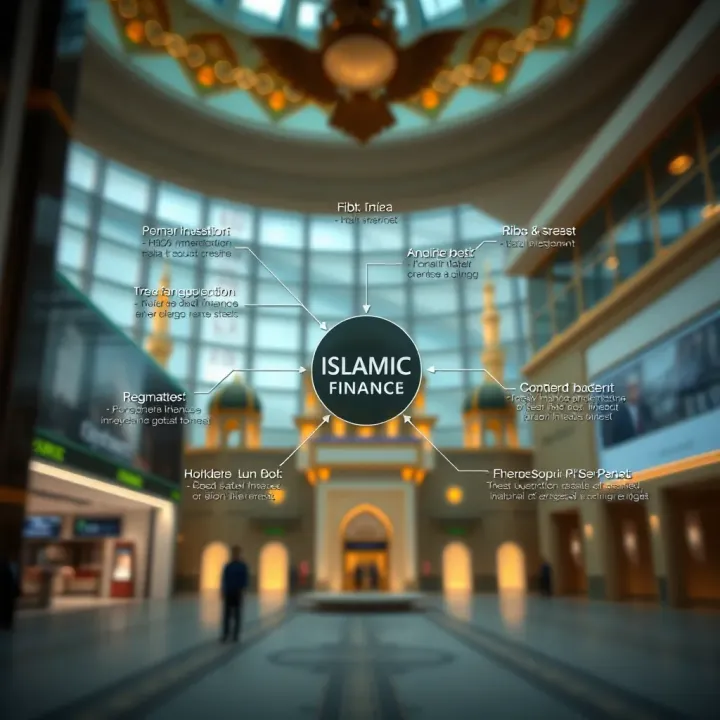 Diagram illustrating key Islamic finance principles including halal investment, avoidance of riba and gharar