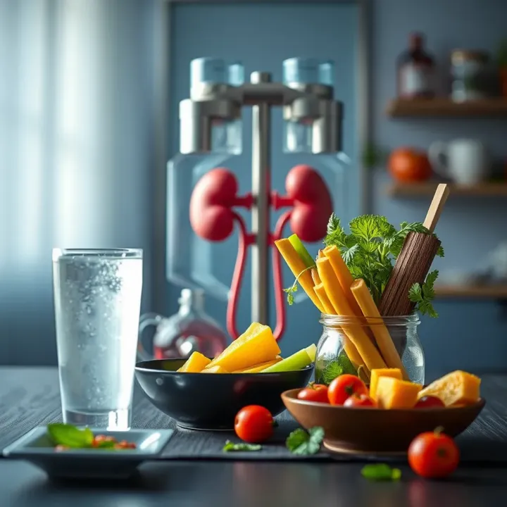 Illustration of healthy lifestyle choices including hydration and diet for kidney stone prevention