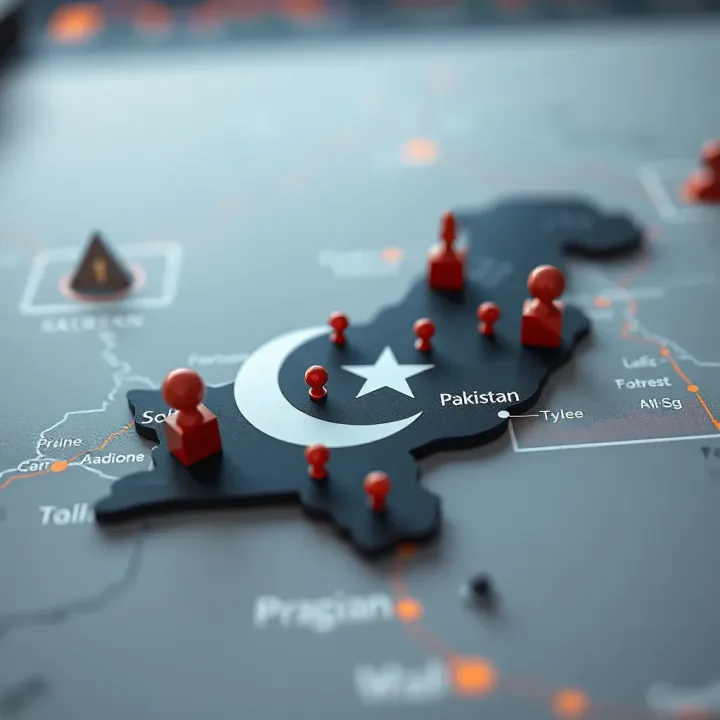 Map highlighting Pakistan with symbols representing online trading and security