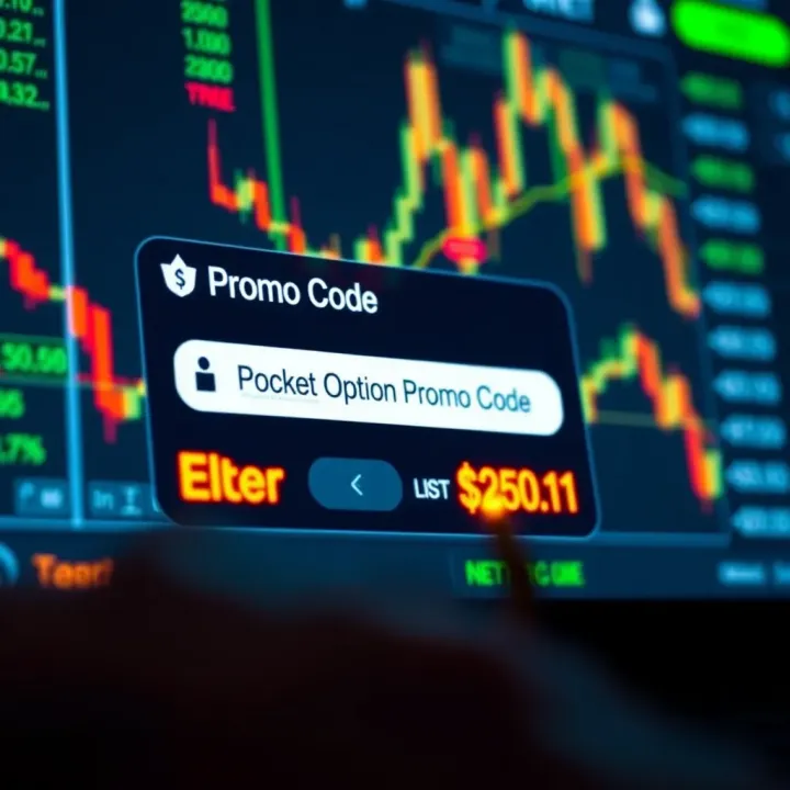 Graphic showing Pocket Option promo code entry on a digital trading platform