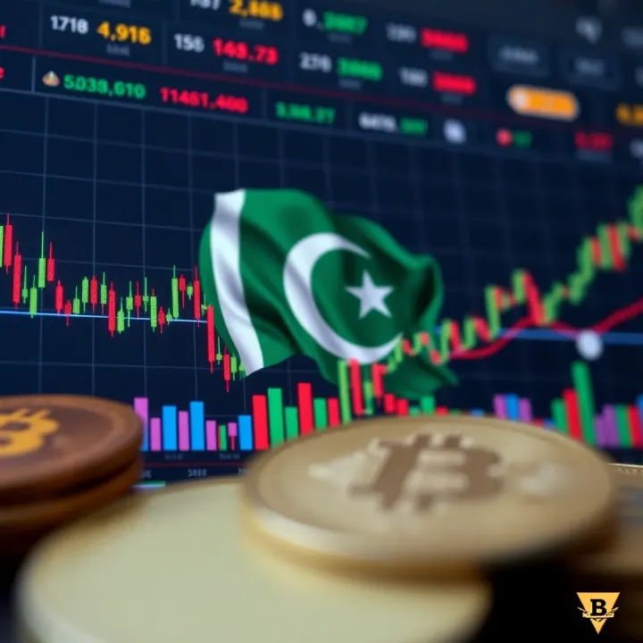 Digital representation of cryptocurrency trading charts and Pakistan flag
