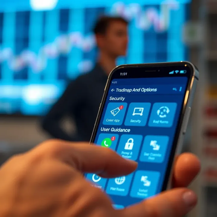 Safety Tips and Smart Choices for Trading Apps Illustration of a mobile device showing trading app options with security and user guidance icons