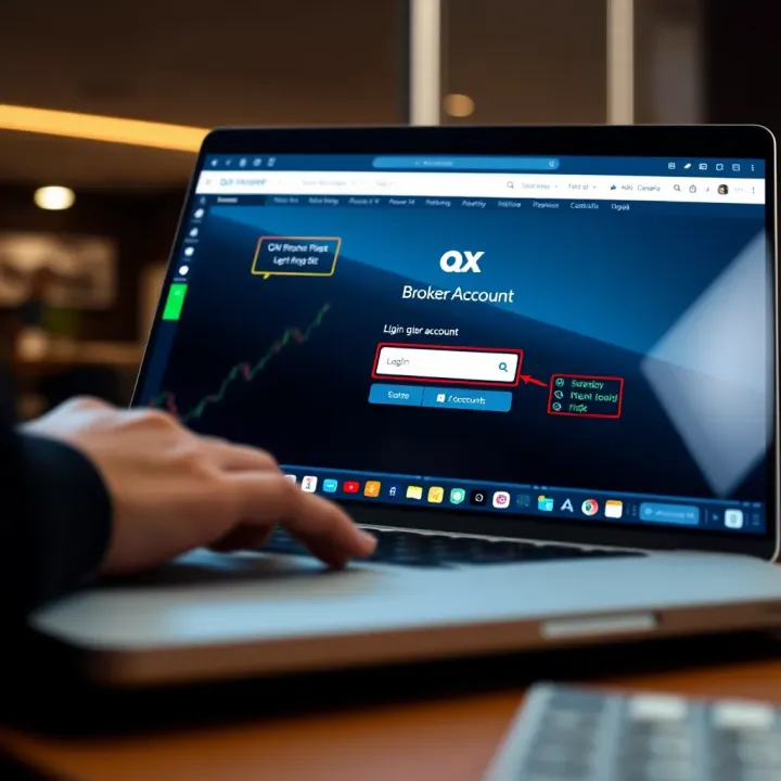 Secure Access to QX Broker Account Login Secure login screen for accessing QX Broker account on laptop with security features highlighted