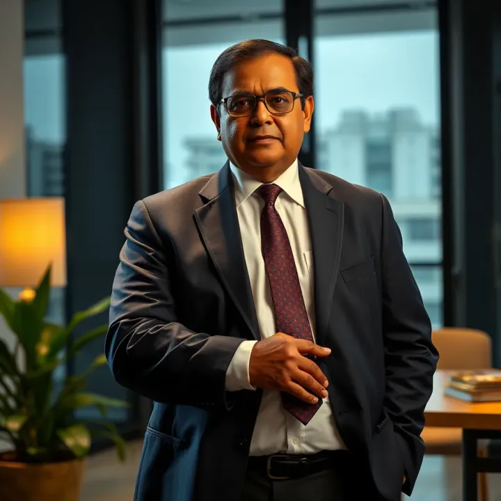 Radhakishan Damani standing confidently in a modern office setting symbolizing strategic business leadership