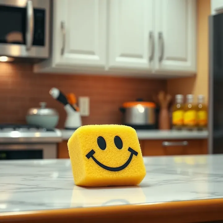Scrub Daddy cleaning sponge with a cheerful smiley face on a kitchen countertop