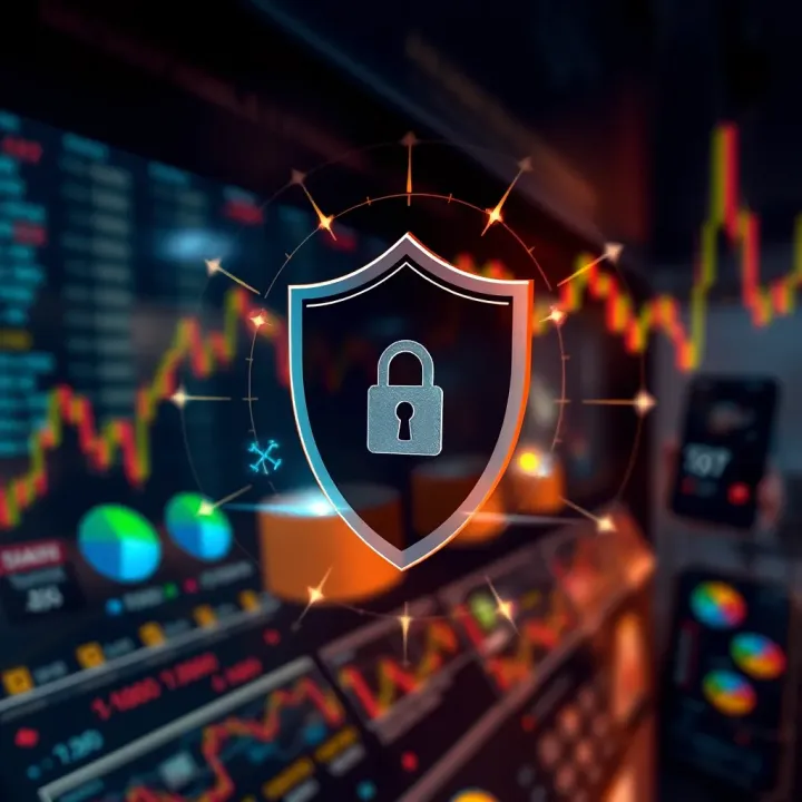 Secure digital shield icon overlaying financial symbols representing app security and regulation