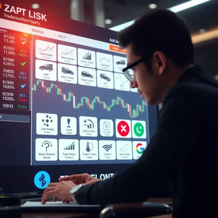 Effective Trading Strategies and Risk Management in Zero Investment Apps Illustration of a person analyzing trading strategies on a digital platform with icons representing risks and benefits