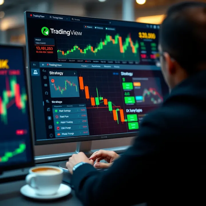 TradingView Interface Highlighting Risk Management and Strategy Tools Graphical interface of TradingView with risk management tools and strategy options for binary trading
