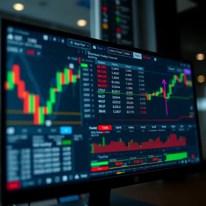 Automated Trading System Interface Displaying Market Data Detailed illustration of an automated trading system on a computer screen showing market data and algorithm settings
