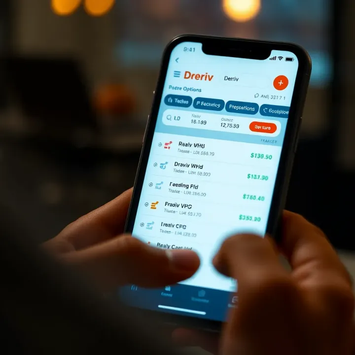 User navigating the Deriv app interface on a smartphone showing trading options