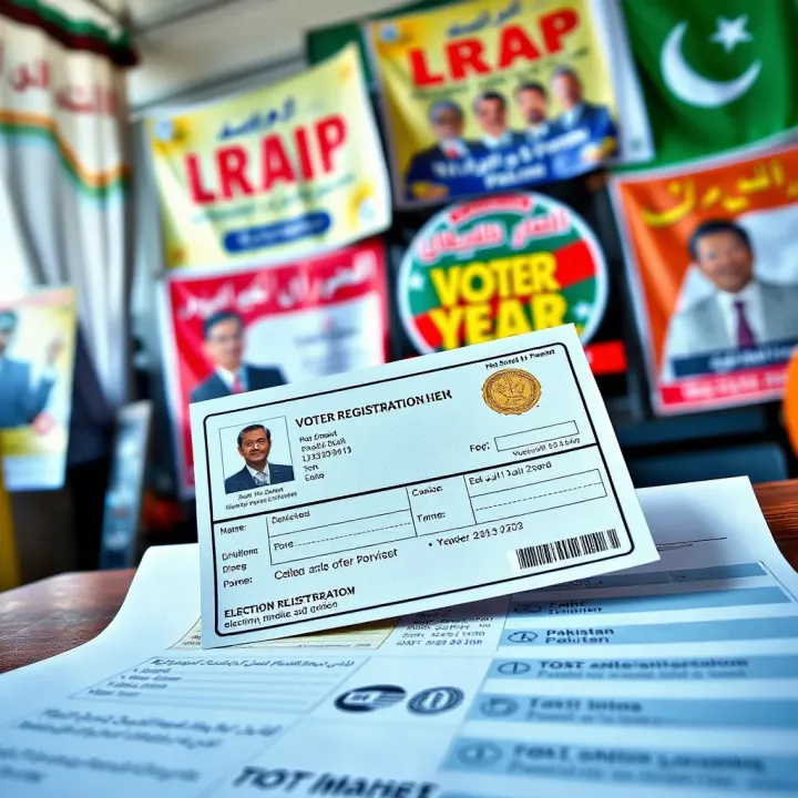 Graphic showing a voter registration card alongside a ballot paper with a backdrop of election campaign banners