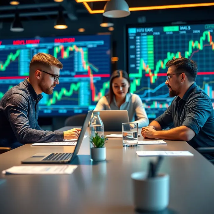 Startup founders discussing investment strategies around a table with digital financial charts in the background