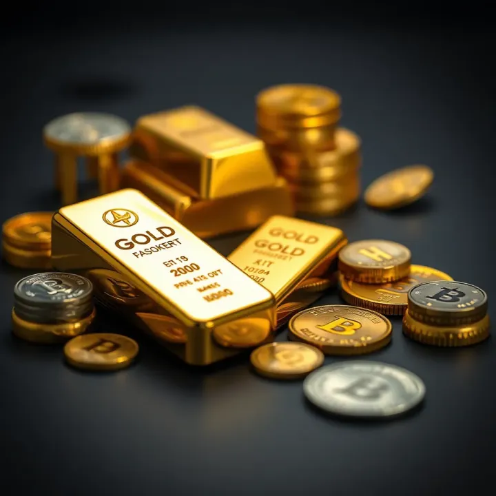 Various types of gold measurement units used in Pakistan with gold bars and coins