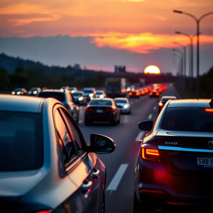 Cars on a highway at sunset illustrating the role of oil in transportation and daily commuting