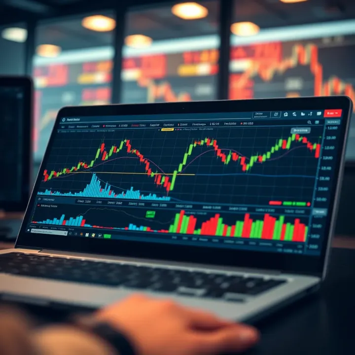 Digital interface showing simulated stock market trading charts and virtual portfolio performance