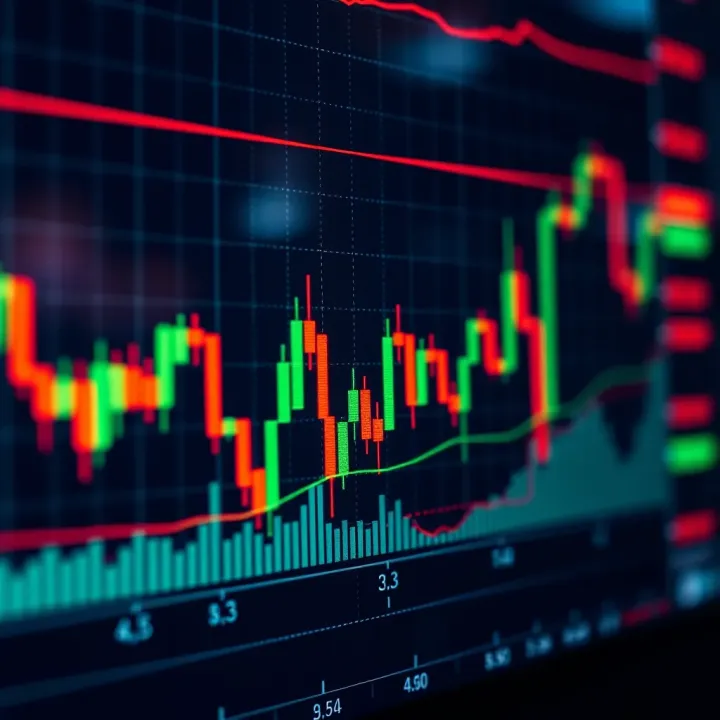 Candlestick Chart Illustrating Market Trends and Volume Candlestick chart displaying market trends with price movements and volume indicators