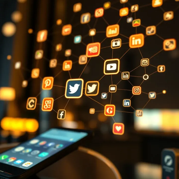 Digital network of interconnected icons representing social media influence on public opinion