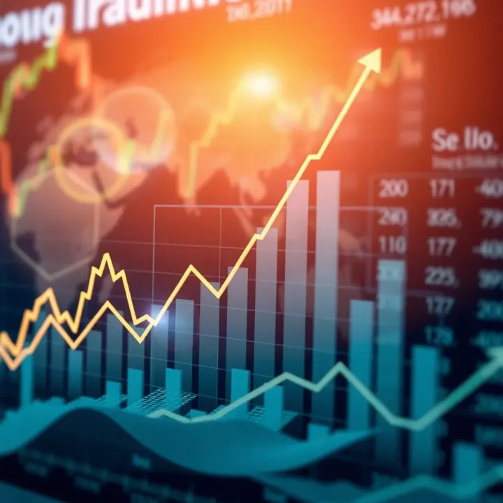 Conceptual illustration of financial growth and investment portfolio with upward trending graphs and digital data overlays