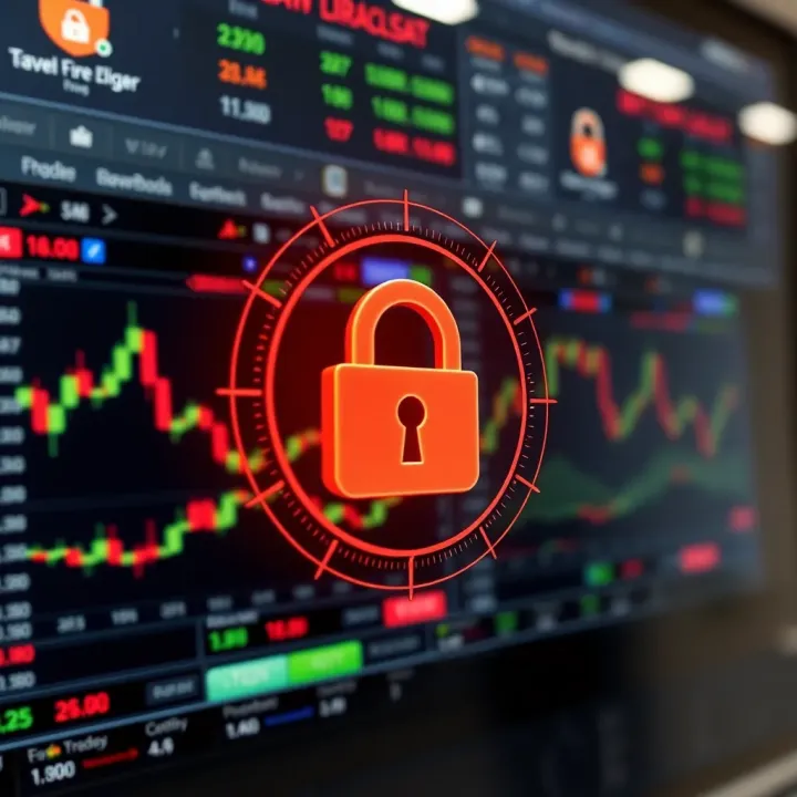 Secure Digital Trading Platform with Security Features Secure online trading environment with digital security icons and a lock symbol overlay