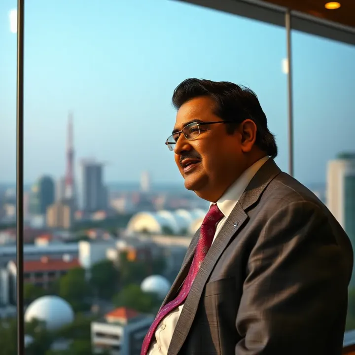 Vinod Adani at a Business Conference Overlooking Urban Landscape Vinod Adani speaking at a business conference with a city skyline in the background